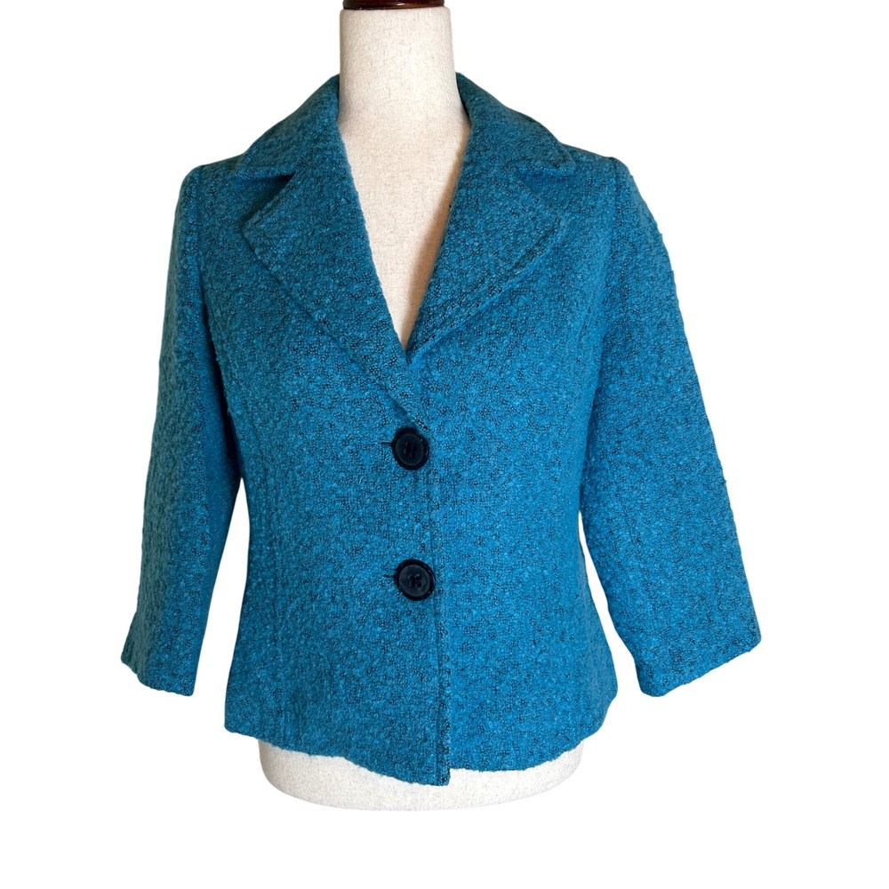 Cabi Blazer Women Size 6 Blue Boucle Wool Blend Notch Lapel 3/4 Sleeve